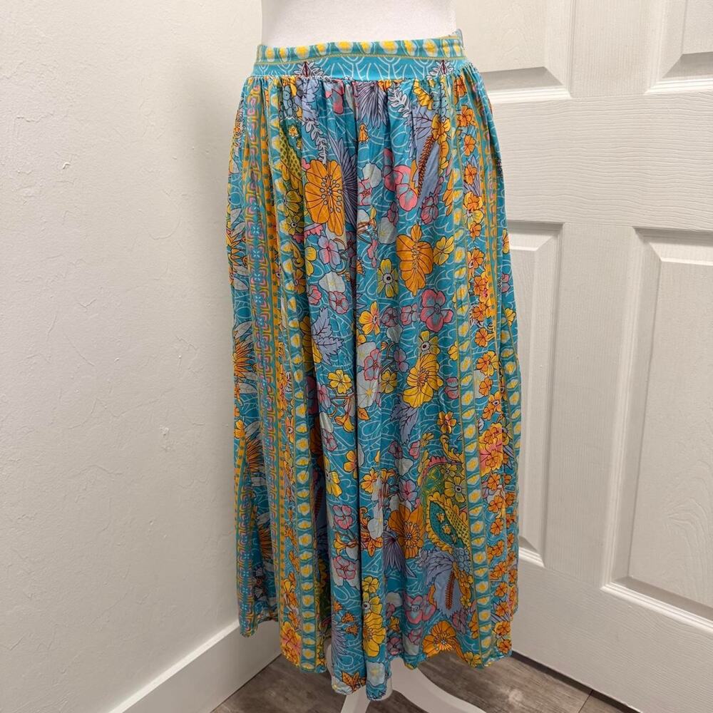 Rusttydustty Boho Floral Maxi Skirt Turquoise Cottagecore Festival Small